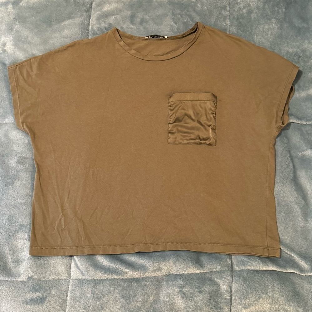 Zara Khaki Green Boxy Pocket T-Shirt